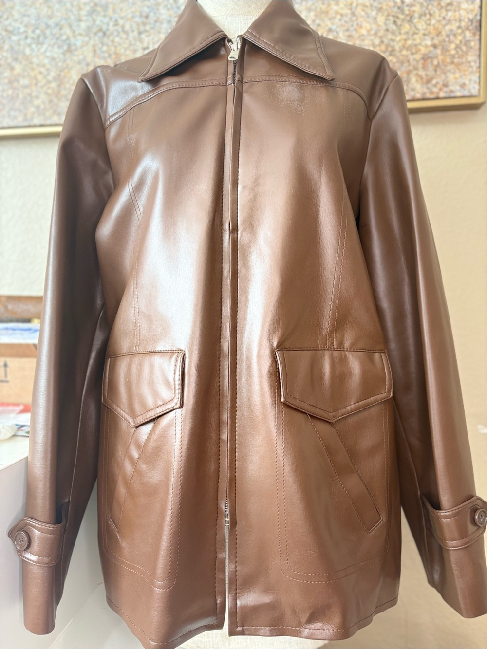 Vintage 70s Envoy The NOW Jacket Brown Faux Leather Zip Coat Women’s Medium
